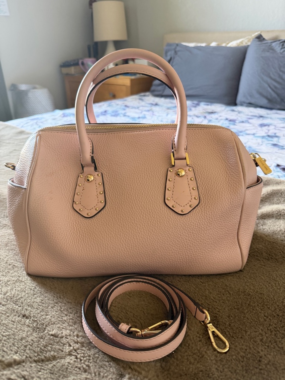 Michael Kors Pink Pebbled Leather Satchel with Gold Hardware